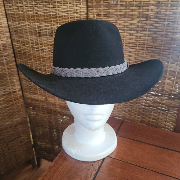 Akubra Black Snowy River Fur Felt Australian Hat 56 Never Worn Grey Hatband - Picture 1 of 13